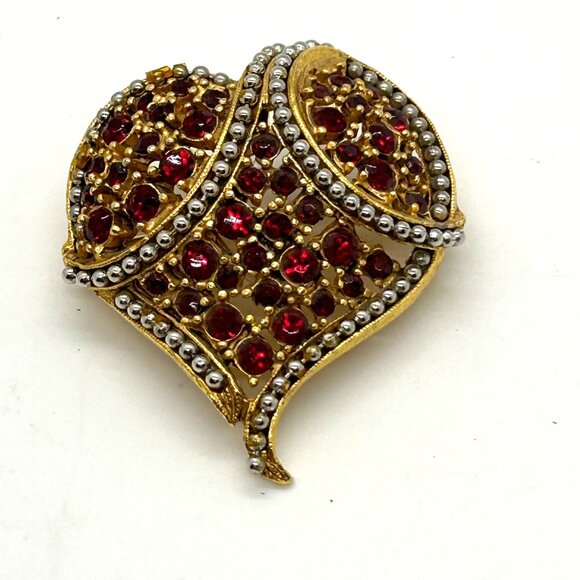 Vintage Gold-Tone Rhinestone Heart Brooch Matching Clip-On Earrings Robert Rose - Picture 3 of 16